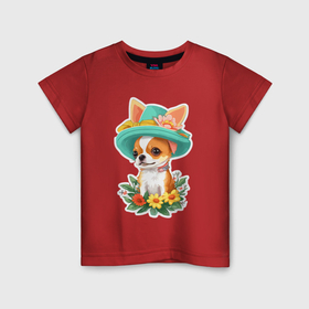 Детская футболка хлопок с принтом Маленькая собачка  чихуахуа в шляпе , 100% хлопок | круглый вырез горловины, полуприлегающий силуэт, длина до линии бедер | Тематика изображения на принте: 