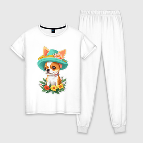 Женская пижама хлопок с принтом Маленькая собачка  чихуахуа в шляпе в Курске, 100% хлопок | брюки и футболка прямого кроя, без карманов, на брюках мягкая резинка на поясе и по низу штанин | 