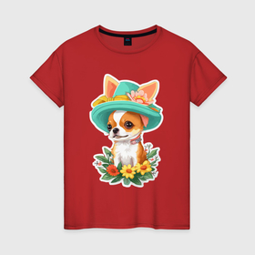 Женская футболка хлопок с принтом Маленькая собачка  чихуахуа в шляпе , 100% хлопок | прямой крой, круглый вырез горловины, длина до линии бедер, слегка спущенное плечо | Тематика изображения на принте: 