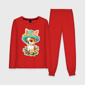 Женская пижама с лонгсливом хлопок с принтом Маленькая собачка  чихуахуа в шляпе в Курске,  |  | Тематика изображения на принте: 