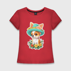 Женская футболка хлопок Slim с принтом Маленькая собачка  чихуахуа в шляпе ,  |  | Тематика изображения на принте: 