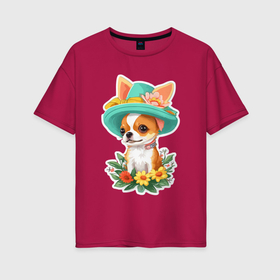 Женская футболка хлопок Oversize с принтом Маленькая собачка  чихуахуа в шляпе в Курске, 100% хлопок | свободный крой, круглый ворот, спущенный рукав, длина до линии бедер
 | Тематика изображения на принте: 