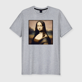 Мужская футболка хлопок Slim с принтом Мона Лиза в стиле аниме   нейросеть , 92% хлопок, 8% лайкра | приталенный силуэт, круглый вырез ворота, длина до линии бедра, короткий рукав | 