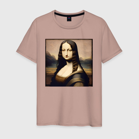 Мужская футболка хлопок с принтом Мона Лиза в стиле аниме   нейросеть в Екатеринбурге, 100% хлопок | прямой крой, круглый вырез горловины, длина до линии бедер, слегка спущенное плечо. | 