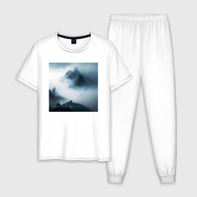 Мужская пижама хлопок с принтом Горы в тумане   минимализм   нейросеть в Петрозаводске, 100% хлопок | брюки и футболка прямого кроя, без карманов, на брюках мягкая резинка на поясе и по низу штанин
 | 