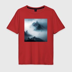 Мужская футболка хлопок Oversize с принтом Горы в тумане   минимализм   нейросеть , 100% хлопок | свободный крой, круглый ворот, “спинка” длиннее передней части | 