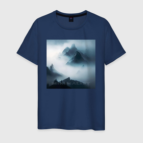 Мужская футболка хлопок с принтом Горы в тумане   минимализм   нейросеть , 100% хлопок | прямой крой, круглый вырез горловины, длина до линии бедер, слегка спущенное плечо. | 