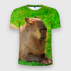 Мужская футболка 3D Slim с принтом Capybara on grass в Белгороде, 100% полиэстер с улучшенными характеристиками | приталенный силуэт, круглая горловина, широкие плечи, сужается к линии бедра | 