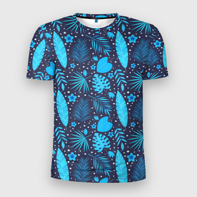 Мужская футболка 3D Slim с принтом Экзотические листья в Санкт-Петербурге, 100% полиэстер с улучшенными характеристиками | приталенный силуэт, круглая горловина, широкие плечи, сужается к линии бедра | 