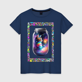 Женская футболка хлопок с принтом Котенок в космосе   галактическая банка в Екатеринбурге, 100% хлопок | прямой крой, круглый вырез горловины, длина до линии бедер, слегка спущенное плечо | 