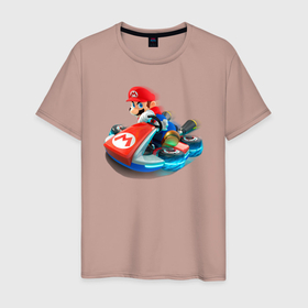 Мужская футболка хлопок с принтом Марио на машине в Петрозаводске, 100% хлопок | прямой крой, круглый вырез горловины, длина до линии бедер, слегка спущенное плечо. | Тематика изображения на принте: 