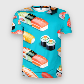 Мужская футболка 3D Slim с принтом Суши нигиридзуси в Санкт-Петербурге, 100% полиэстер с улучшенными характеристиками | приталенный силуэт, круглая горловина, широкие плечи, сужается к линии бедра | 