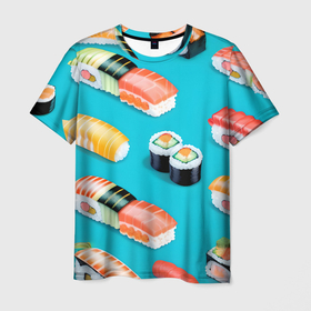 Мужская футболка 3D с принтом Суши нигиридзуси в Санкт-Петербурге, 100% полиэфир | прямой крой, круглый вырез горловины, длина до линии бедер | 