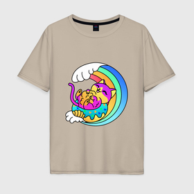 Мужская футболка хлопок Oversize с принтом Радужная волна и пушистый котик в Курске, 100% хлопок | свободный крой, круглый ворот, “спинка” длиннее передней части | 