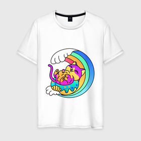 Мужская футболка хлопок с принтом Радужная волна и пушистый котик в Курске, 100% хлопок | прямой крой, круглый вырез горловины, длина до линии бедер, слегка спущенное плечо. | 