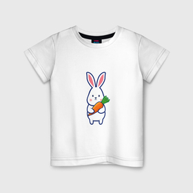 Детская футболка хлопок с принтом Милый заяц с морковью в Тюмени, 100% хлопок | круглый вырез горловины, полуприлегающий силуэт, длина до линии бедер | 