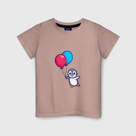 Детская футболка хлопок с принтом Милый пингвин с воздушными шариками , 100% хлопок | круглый вырез горловины, полуприлегающий силуэт, длина до линии бедер | 