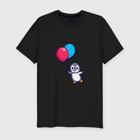 Мужская футболка хлопок Slim с принтом Милый пингвин с воздушными шариками в Кировске, 92% хлопок, 8% лайкра | приталенный силуэт, круглый вырез ворота, длина до линии бедра, короткий рукав | Тематика изображения на принте: 