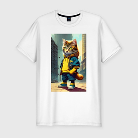 Мужская футболка хлопок Slim с принтом Уличный котёнок на своём районе   Манхеттен в Новосибирске, 92% хлопок, 8% лайкра | приталенный силуэт, круглый вырез ворота, длина до линии бедра, короткий рукав | 