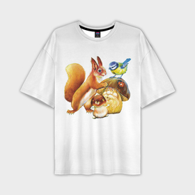 Мужская футболка oversize 3D с принтом Белка синица и грибы в Тюмени,  |  | Тематика изображения на принте: 