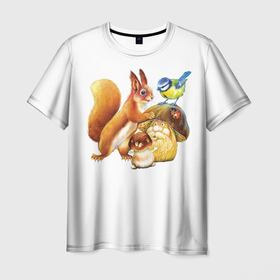 Мужская футболка 3D с принтом Белка синица и грибы в Тюмени, 100% полиэфир | прямой крой, круглый вырез горловины, длина до линии бедер | 