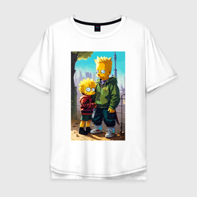 Мужская футболка хлопок Oversize с принтом Барт Симпсон с Мэгги в мегаполисе в Белгороде, 100% хлопок | свободный крой, круглый ворот, “спинка” длиннее передней части | 