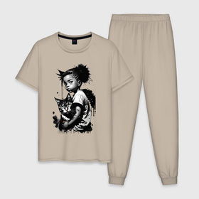 Мужская пижама хлопок с принтом Малышка с котиком   искусство  кляксы в Курске, 100% хлопок | брюки и футболка прямого кроя, без карманов, на брюках мягкая резинка на поясе и по низу штанин
 | 