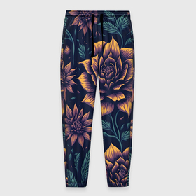 Мужские брюки 3D с принтом Желтые цветы и зеленые листья, паттерн , 100% полиэстер | манжеты по низу, эластичный пояс регулируется шнурком, по бокам два кармана без застежек, внутренняя часть кармана из мелкой сетки | 