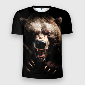 Мужская футболка 3D Slim с принтом Бурый агрессивный медведь в Санкт-Петербурге, 100% полиэстер с улучшенными характеристиками | приталенный силуэт, круглая горловина, широкие плечи, сужается к линии бедра | 