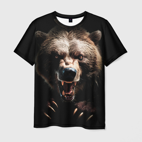 Мужская футболка 3D с принтом Бурый агрессивный медведь в Санкт-Петербурге, 100% полиэфир | прямой крой, круглый вырез горловины, длина до линии бедер | 