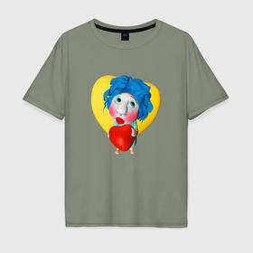 Мужская футболка хлопок Oversize с принтом куколка с сердечком в Новосибирске, 100% хлопок | свободный крой, круглый ворот, “спинка” длиннее передней части | Тематика изображения на принте: 