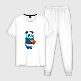 Мужская пижама хлопок с принтом Милая панда с чизбургером в Петрозаводске, 100% хлопок | брюки и футболка прямого кроя, без карманов, на брюках мягкая резинка на поясе и по низу штанин
 | 