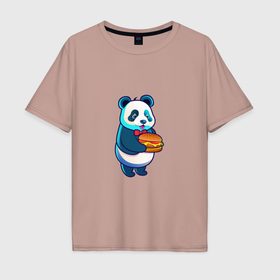 Мужская футболка хлопок Oversize с принтом Милая панда с чизбургером в Петрозаводске, 100% хлопок | свободный крой, круглый ворот, “спинка” длиннее передней части | 