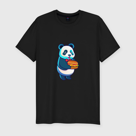 Мужская футболка хлопок Slim с принтом Милая панда с чизбургером в Петрозаводске, 92% хлопок, 8% лайкра | приталенный силуэт, круглый вырез ворота, длина до линии бедра, короткий рукав | 