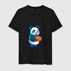 Мужская футболка хлопок с принтом Милая панда с чизбургером в Петрозаводске, 100% хлопок | прямой крой, круглый вырез горловины, длина до линии бедер, слегка спущенное плечо. | 