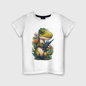 Детская футболка хлопок с принтом Тираннозавр Рекс с оружием в Кировске, 100% хлопок | круглый вырез горловины, полуприлегающий силуэт, длина до линии бедер | 