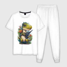Мужская пижама хлопок с принтом Тираннозавр Рекс с оружием в Новосибирске, 100% хлопок | брюки и футболка прямого кроя, без карманов, на брюках мягкая резинка на поясе и по низу штанин
 | 