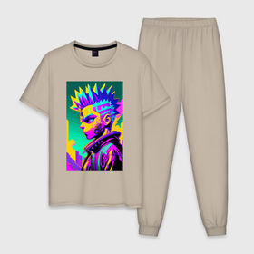 Мужская пижама хлопок с принтом Bart Simpson   cyberpunks not dead   motto в Кировске, 100% хлопок | брюки и футболка прямого кроя, без карманов, на брюках мягкая резинка на поясе и по низу штанин
 | 