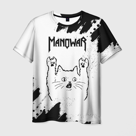 Мужская футболка 3D с принтом Manowar рок кот на светлом фоне в Белгороде, 100% полиэфир | прямой крой, круглый вырез горловины, длина до линии бедер | 