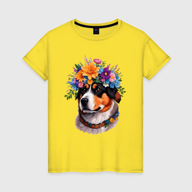 Женская футболка хлопок с принтом Лабрадор с цветами на голове в Екатеринбурге, 100% хлопок | прямой крой, круглый вырез горловины, длина до линии бедер, слегка спущенное плечо | 