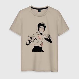 Мужская футболка хлопок с принтом Брюс Ли в крови в Петрозаводске, 100% хлопок | прямой крой, круглый вырез горловины, длина до линии бедер, слегка спущенное плечо. | 