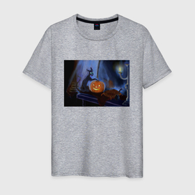 Мужская футболка хлопок с принтом Halloween Cat with Pumpkin в Петрозаводске, 100% хлопок | прямой крой, круглый вырез горловины, длина до линии бедер, слегка спущенное плечо. | 