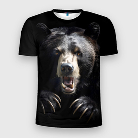 Мужская футболка 3D Slim с принтом Бурый атакующий медведь в Белгороде, 100% полиэстер с улучшенными характеристиками | приталенный силуэт, круглая горловина, широкие плечи, сужается к линии бедра | 