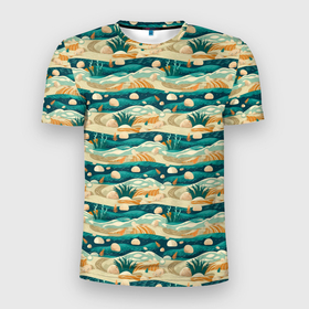 Мужская футболка 3D Slim с принтом пляж паттерн в Екатеринбурге, 100% полиэстер с улучшенными характеристиками | приталенный силуэт, круглая горловина, широкие плечи, сужается к линии бедра | 