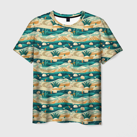 Мужская футболка 3D с принтом пляж паттерн в Екатеринбурге, 100% полиэфир | прямой крой, круглый вырез горловины, длина до линии бедер | 