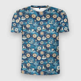 Мужская футболка 3D Slim с принтом Кораблики и волны в Екатеринбурге, 100% полиэстер с улучшенными характеристиками | приталенный силуэт, круглая горловина, широкие плечи, сужается к линии бедра | 