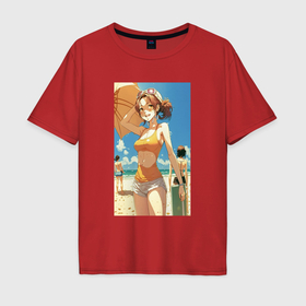 Мужская футболка хлопок Oversize с принтом девушка  на пляже в Петрозаводске, 100% хлопок | свободный крой, круглый ворот, “спинка” длиннее передней части | 