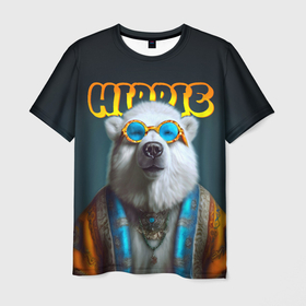 Мужская футболка 3D с принтом Хиппи белый медведь , 100% полиэфир | прямой крой, круглый вырез горловины, длина до линии бедер | 