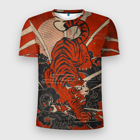 Мужская футболка 3D Slim с принтом Тигр в японском стиле в Новосибирске, 100% полиэстер с улучшенными характеристиками | приталенный силуэт, круглая горловина, широкие плечи, сужается к линии бедра | Тематика изображения на принте: 