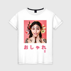 Женская футболка хлопок с принтом МоМо    Девушка c цветами в волосах в Тюмени, 100% хлопок | прямой крой, круглый вырез горловины, длина до линии бедер, слегка спущенное плечо | 